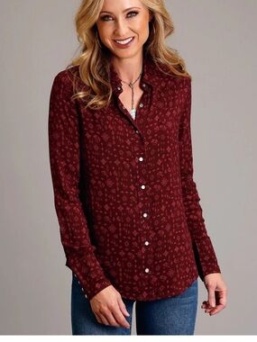 Stetson Western Button Down Shirt Burgundy Print Size Large